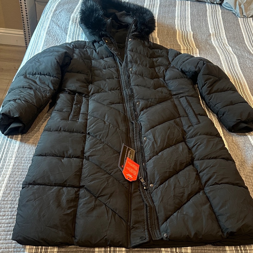 Women's Black Quilted Coat with Faux Fur Hood